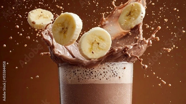Fototapeta Banana Slices Splashing into Chocolate Milkshake