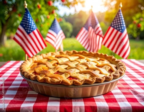 Obraz Patriotic Picnic Perfection: Homemade pie, ripe apples, and charming American flags create the ultimate 4th of July scene. Celebrate family, food, and national pride.