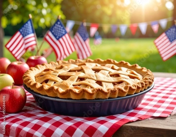 Obraz Taste of America: A mouth-watering apple pie on a picnic table, with American flag bunting in the background. Capture the essence of Fourth of July traditions.
