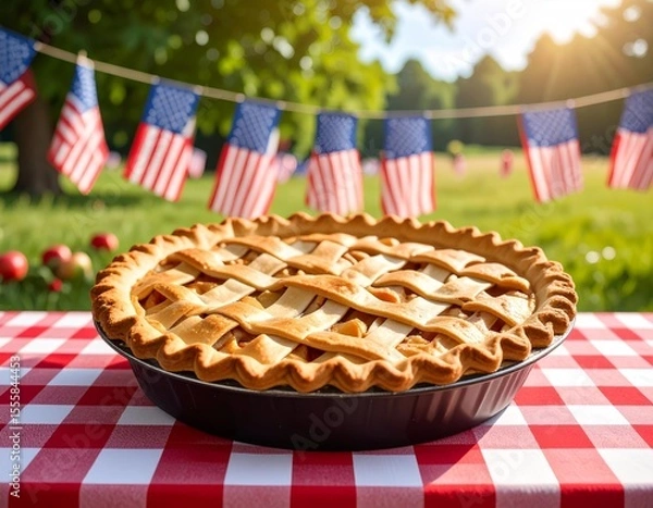 Obraz Classic American Pie: Delicious apple pie ready for a 4th of July picnic, adorned with patriotic flags. Perfect for summer, holidays, and traditional celebrations.