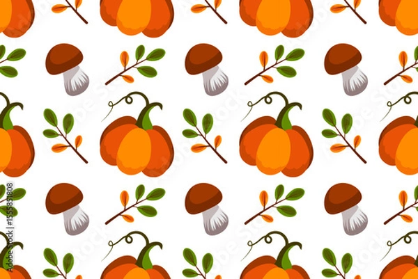Fototapeta Autumn harvest seamless pattern. Vector illustration. Pumpkins, mushrooms, falling oak leaves, elements on white background.