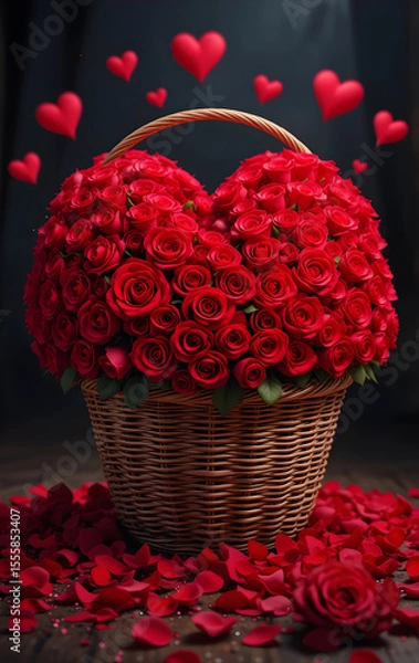 Fototapeta A beautiful bouquet of red roses, some in a heart shape and others in a basket, evoke spring