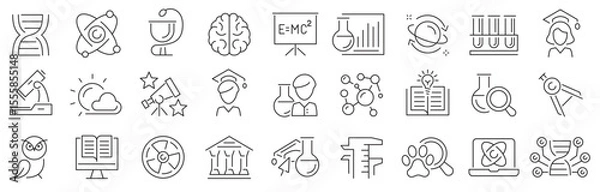 Fototapeta Science icon set. Science, scientific activity elements, laboratory, experiment, research, physics.Outline icons collection. Science education symbol. Vector illustration