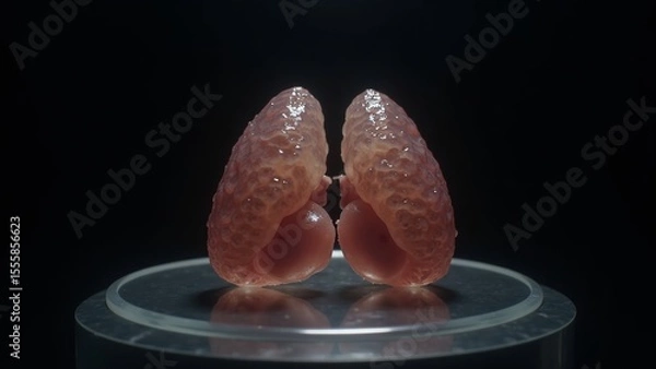 Obraz A striking close-up of a human adrenal gland, rendered in layered transparent glass with sharp directional lighting, highlighting its distinct cortex and medulla against a dark, moody background.