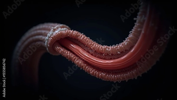 Obraz A dramatic abstract visualization of the human esophagus resembling a ribbed glass tube with visible muscle fibers, illuminated by spotlight against a dark void.