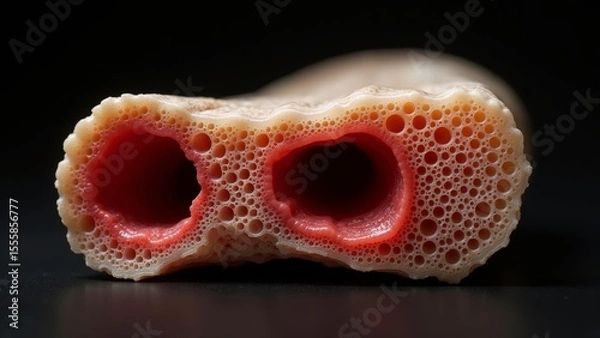 Obraz A highly detailed macro view of bone marrow's porous structure, featuring transparent bone with intricate red marrow, set against a stark black void.