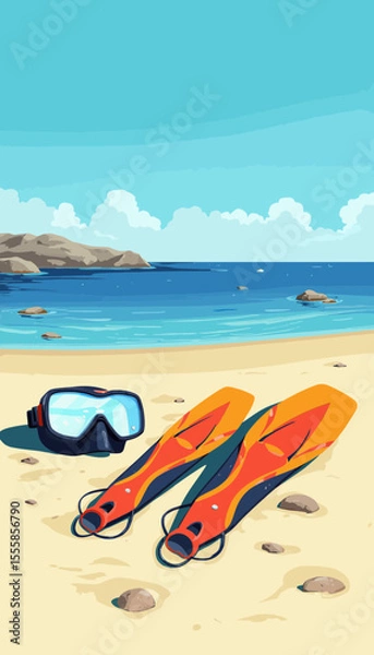 Fototapeta Snorkeling gear including fins and mask on sandy beach by ocean  