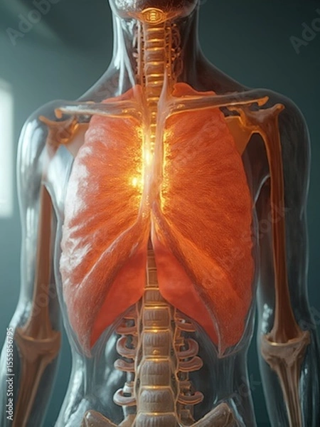 Obraz A detailed frontal view of a segmented human trachea, crafted from clear glass with visible ciliary structures and illuminated by a warm internal light source, set against a blurred educational chart.