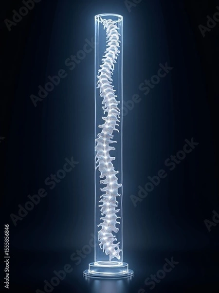 Obraz A futuristic visualization of the human spinal cord, depicted as a translucent glass column with glowing neural pathways, bathed in ethereal light against an infinite dark space.