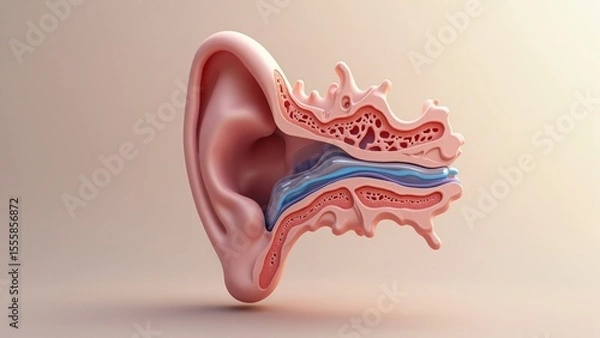 Obraz A detailed anatomical rendering of the human inner ear showcases intricate labyrinthine structures through a delicate cutaway view, bathed in soft sidelighting against a muted pastel backdrop.