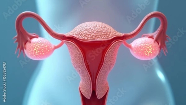 Obraz A detailed, clinical depiction of a female reproductive system, featuring a pear-shaped uterus and adjacent ovaries, rendered in clear medical glass under bright lighting.
