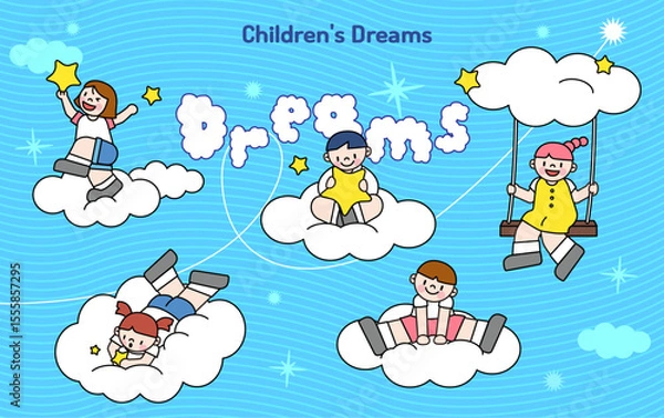 Fototapeta Happy Children on Clouds Playing with Stars