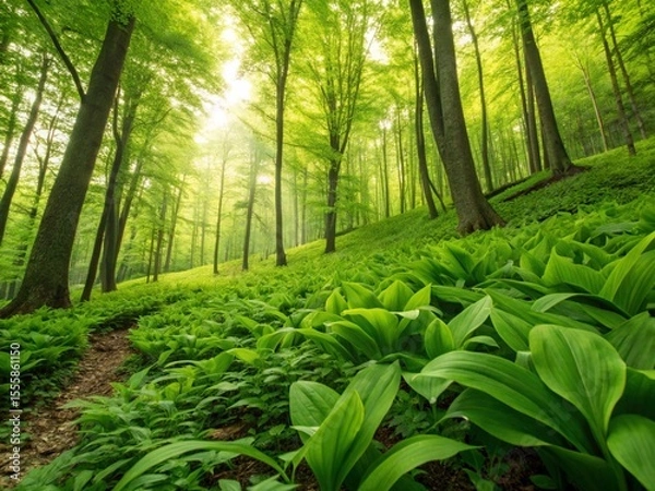 Fototapeta Lush woodland scenery features sunlit foliage, tall trees, and a vibrant carpet of wild garlic plants during springtime