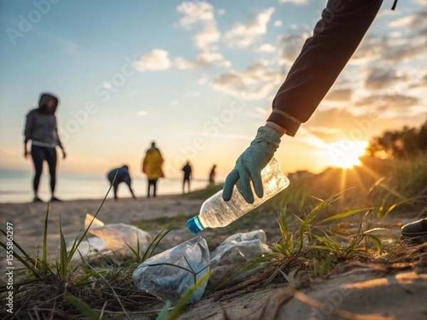 Fototapeta Beach cleanup project shows volunteers collecting plastic bottles to protect the ocean environment at sunset