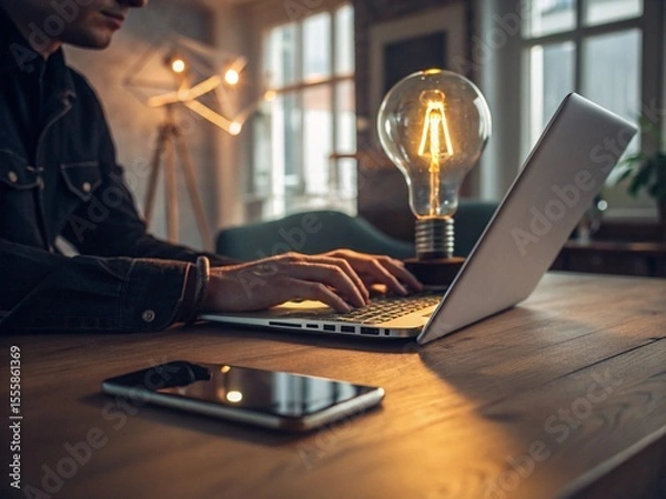 Fototapeta Working from home with laptop, bulb lamp and smartphone to generate new ideas in a creative interior space.