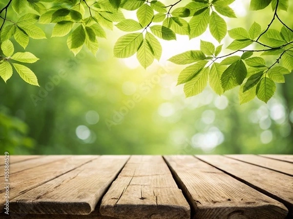 Fototapeta Serene summer backdrop with fresh green leaves framing a rustic wooden tabletop in a sun-dappled forest setting