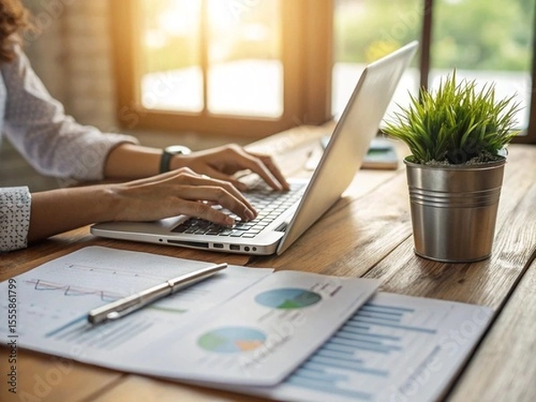 Fototapeta Woman working on laptop with financial graphs and a plant in a cozy office setting