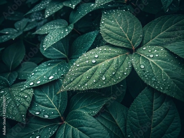 Fototapeta Lush green foliage adorned with glistening water droplets creates a refreshing, natural pattern and texture.