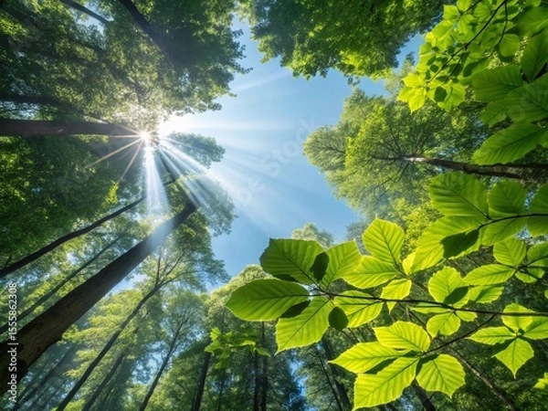 Fototapeta Sunlight streams through lush green trees creating a bright canopy view on a beautiful clear day in the forest.