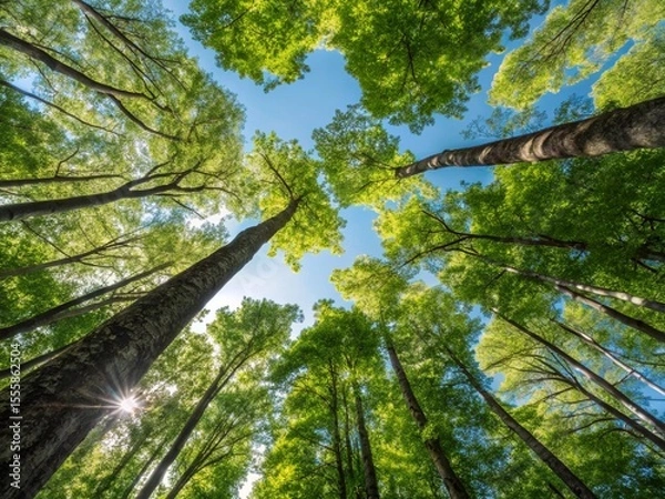 Fototapeta Sunlight streams through canopy of tall green trees reaching into a clear blue sky, creating a peaceful, natural vista.