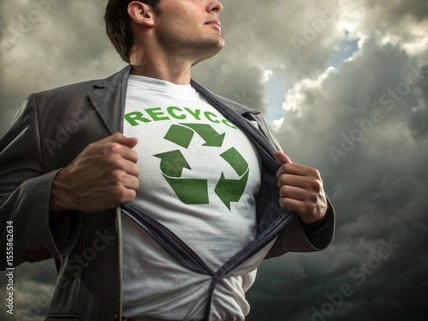 Fototapeta Eco hero shows recycle symbol to protect planet Earth with conservation and sustainable practices promoting clean environment.