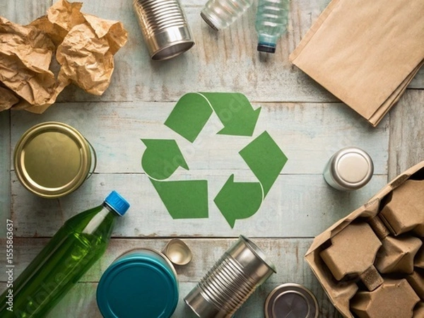 Fototapeta Sorting recyclables with cans, glass, and paper products arranged around a green recycle symbol on a wooden table