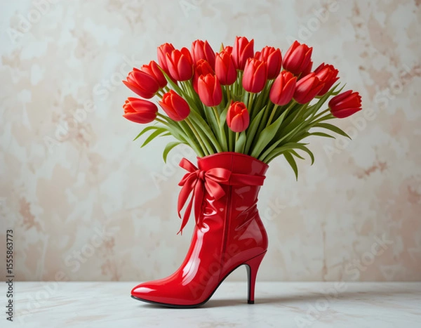 Fototapeta Red Tulips Bursting from a Stylish Red High-Heel Boot Vase, a Unique Floral Display