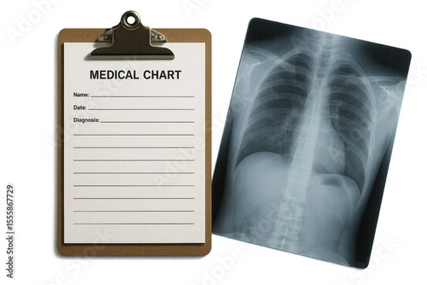 Fototapeta Medical chart on clipboard and chest x ray image for diagnosis and treatment