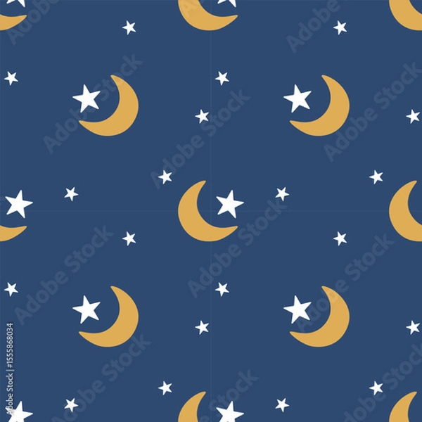 Obraz Cute Night Sky Seamless Pattern with Crescent Moons and Stars on Navy Background
