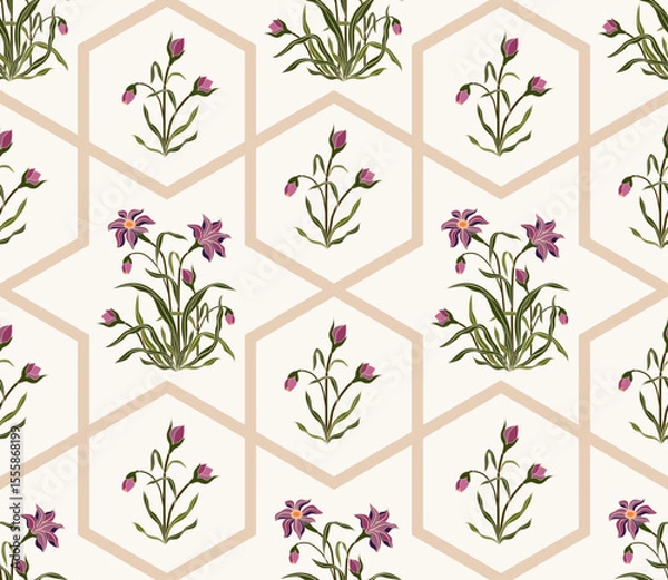 Fototapeta Vector Hand drawn colourful geometric flowers, seamless patterns with floral for fabric, textiles, clothing, wrapping paper, backdrop, banner, illustration, abstract backgrounds.

