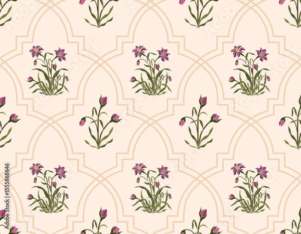 Fototapeta Vector Hand drawn colourful geometric flowers, seamless patterns with floral for fabric, textiles, clothing, wrapping paper, backdrop, banner, illustration, abstract backgrounds.
