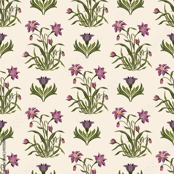 Fototapeta Vector Hand drawn colourful geometric flowers, seamless patterns with floral for fabric, textiles, clothing, wrapping paper, backdrop, banner, illustration, abstract backgrounds.
