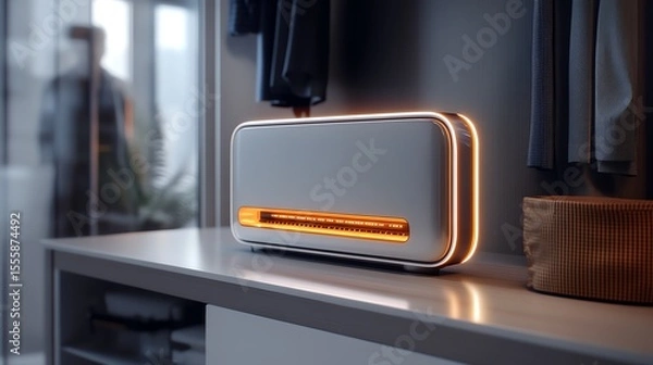 Obraz A futuristic network distribution box glowing faintly in a utility closet