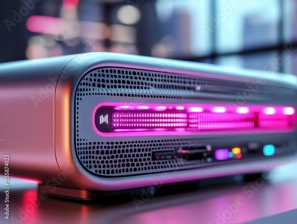 Obraz A futuristic smart router glowing faintly under a hightech sound system