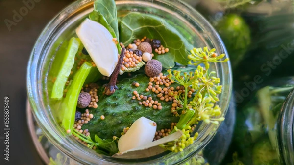 Obraz Jars with cucumbers and spices for preservation. Fermentation of cucumbers,