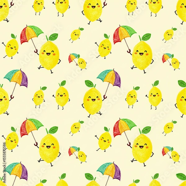 Fototapeta Cheerful Hand-Drawn Lemon Characters with Colorful Umbrellas and Happy Faces Seamless Pattern on a Yellow Background