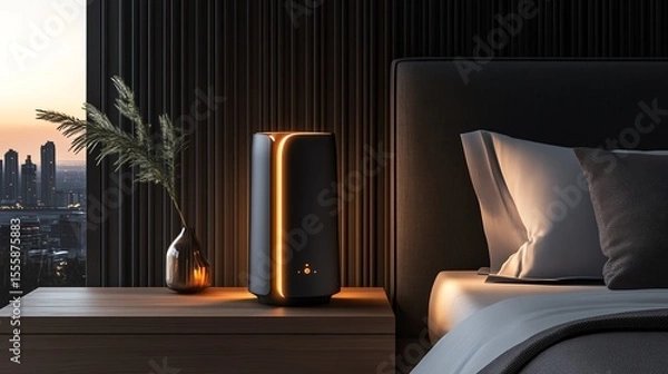 Obraz A glowing mesh WiFi node blending into a luxury smart bedroom