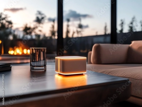 Obraz A glowing mesh WiFi node placed on a smart coffee table