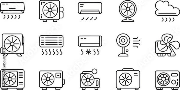 Fototapeta Various line art illustrations of air conditioners, fans and a cloud with rain drops