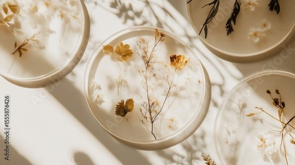 Fototapeta Circular resin coaster set floral pressed flowers delicate leaf patterns and a touch of gold leaf The coasters are displayed on a modern dining table with natural lighting highlighting the artwork