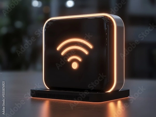 Obraz A glowing WiFi signal booster mounted in a techfilled studio
