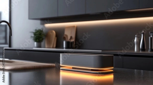 Obraz A sleek backup power hub glowing softly in a smart kitchen