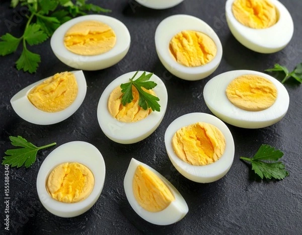 Obraz Perfectly Cooked Hard-Boiled Eggs Halves: Healthy Protein & Breakfast