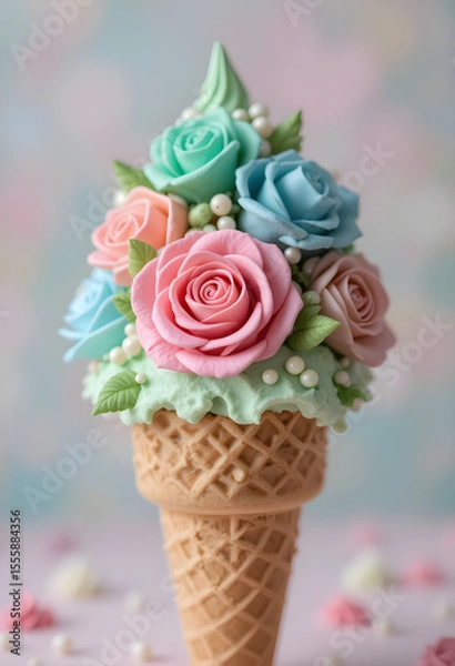Fototapeta A beautifully crafted dessert resembling an ice cream cone, adorned with an assortment of pastel-colored fondant roses in shades of pink, mint green