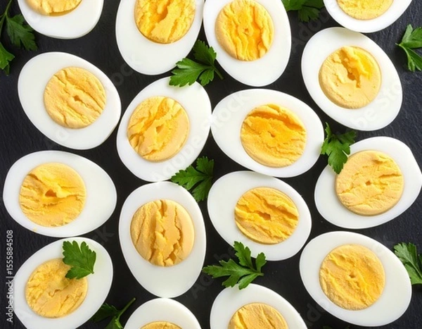 Obraz Perfectly Cooked Hard-Boiled Eggs Halves: Healthy Protein & Breakfast