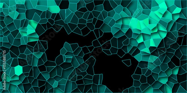 Obraz Voronoi diagram background. Seamless pattern with 3d shapes vector Vintage Illustration background. Geometric Retro tiles pattern. Low poly crystal mosaic background. Dark mint broken stained glass.