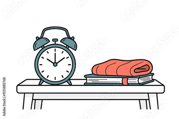 Fototapeta Illustration of an Alarm Clock, Books, and a Blanket on a White Table