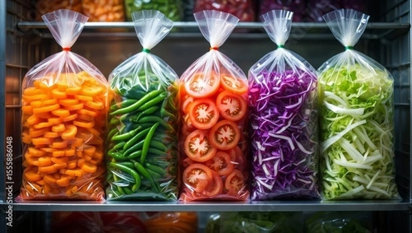Fototapeta Assorted fresh vegetables neatly packed in plastic bags ready to sell