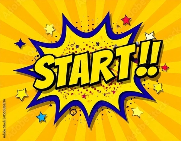 Obraz "START!" Comic Pop Art Burst with Stars on Blue & Yellow Background