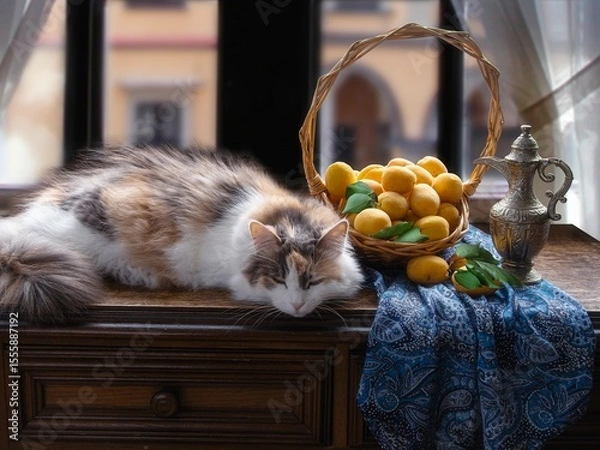 Fototapeta Pretty kitty and basket with apricot
